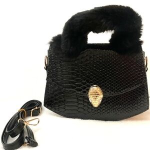 Black Faux Fur and Snakeskin Top Handle Handbag with shoulder strap